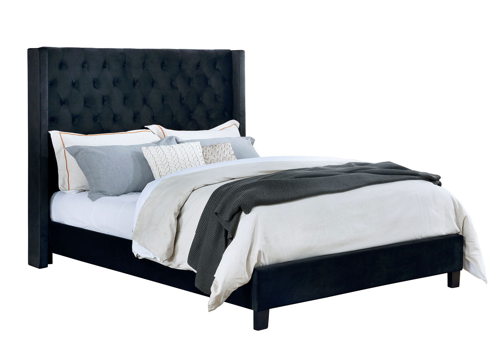 Elegant Black 1pc Eastern King Size Bed Fully Upholstered Frame Fabric Tufted HB Bedroom Wingback Design