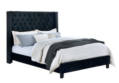 Elegant Black 1pc Queen Size Bed Fully Upholstered Frame Fabric Tufted HB Bedroom Wingback Design