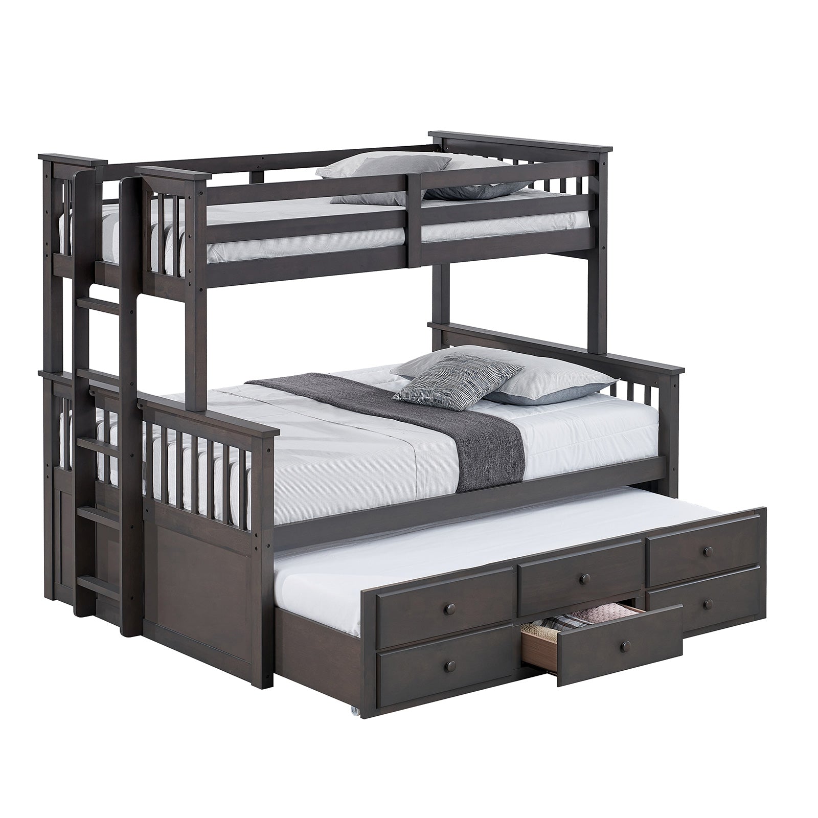 Transitional Twin Over Full Bunk Bed With Ladder And Underbed Drawers, Grey Mix