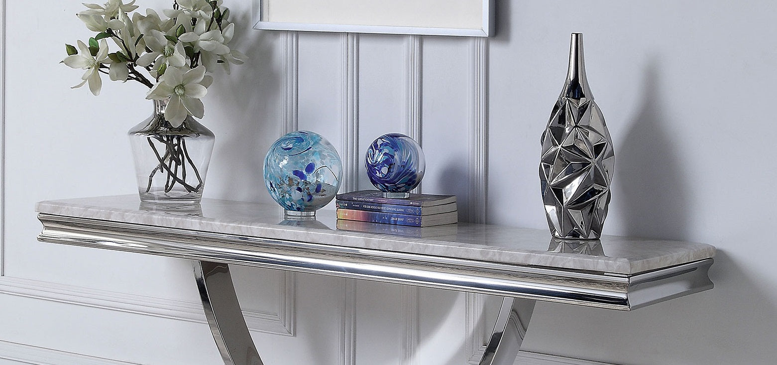 Glam Style Modern Sofa Table 1pc Stainless Steel Pedestal Base 18mm Faux Marble On Top Metal Structure Chroma Finish Coffee Table-Not Included
