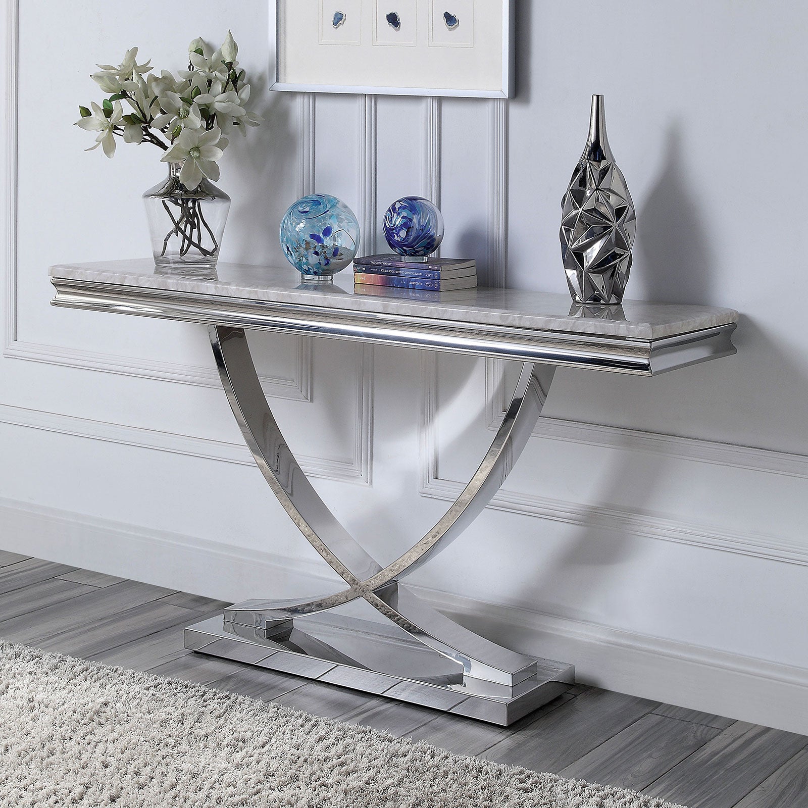 Glam Style Modern Sofa Table 1pc Stainless Steel Pedestal Base 18mm Faux Marble On Top Metal Structure Chroma Finish Coffee Table-Not Included