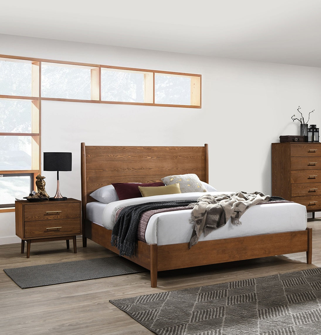 Walnut Color Panel Headboard 3pc Bedroom Set Queen Size Bed 2x Nightstands Wooden Mid-Century Modern Style