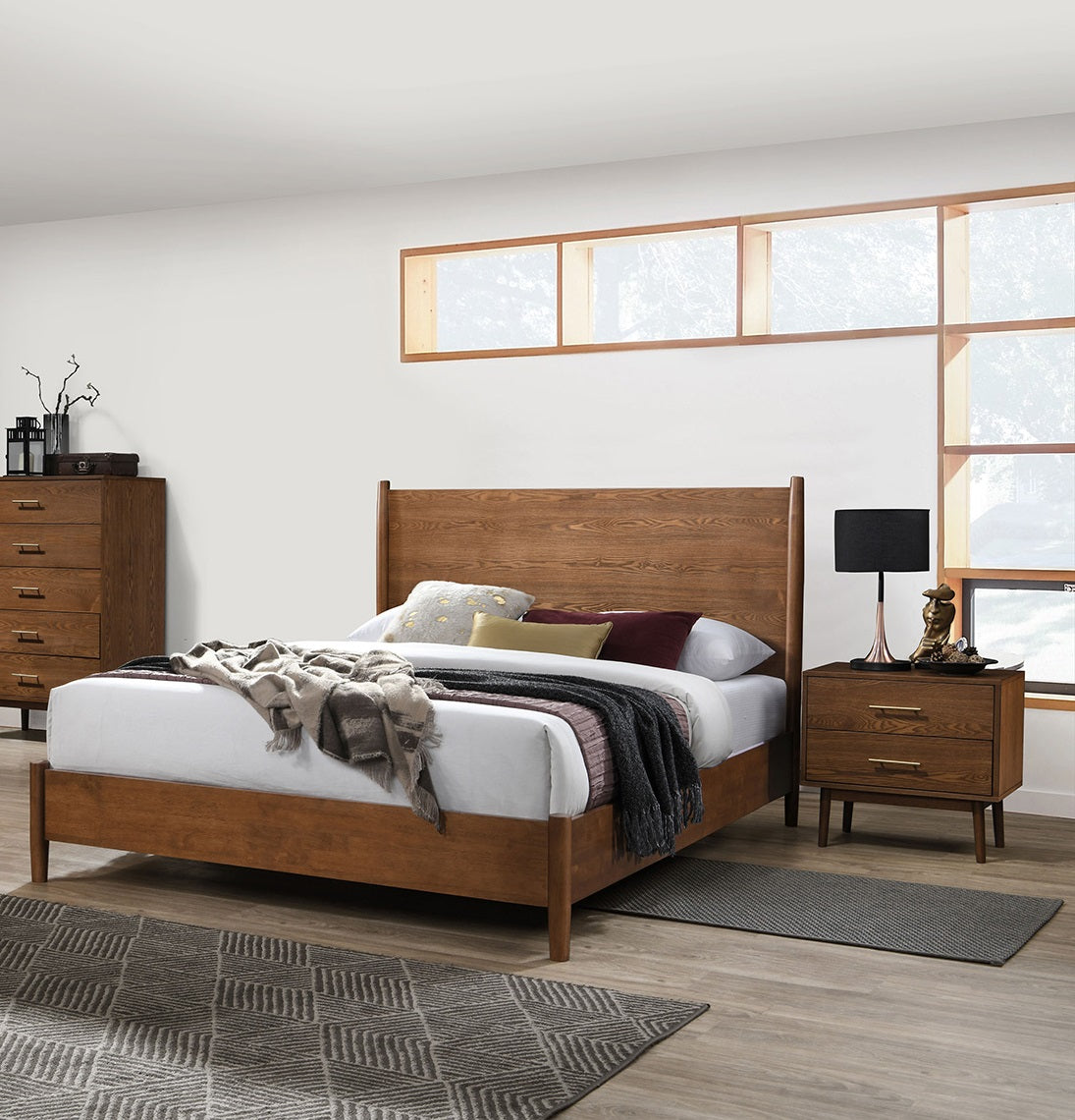 Walnut Color Panel Headboard 3pc Bedroom Set Queen Size Bed 2x Nightstands Wooden Mid-Century Modern Style