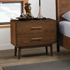 Walnut Color Panel Headboard 3pc Bedroom Set Queen Size Bed 2x Nightstands Wooden Mid-Century Modern Style