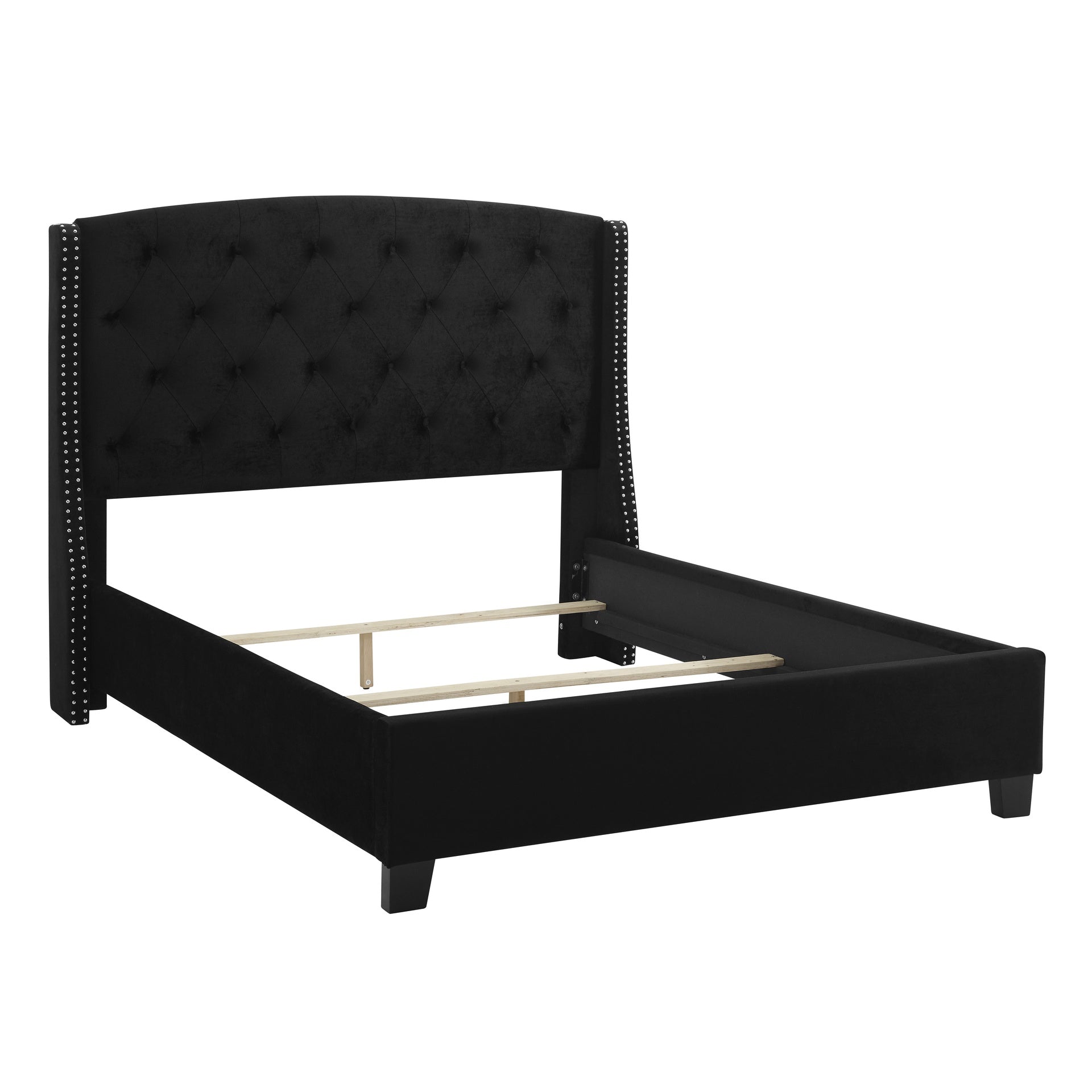 1pc Queen Size Upholstered Panel Bed Wing Back Headboard Button Tufted Nail-head Trim Black Wood Fabric Bedroom Furniture