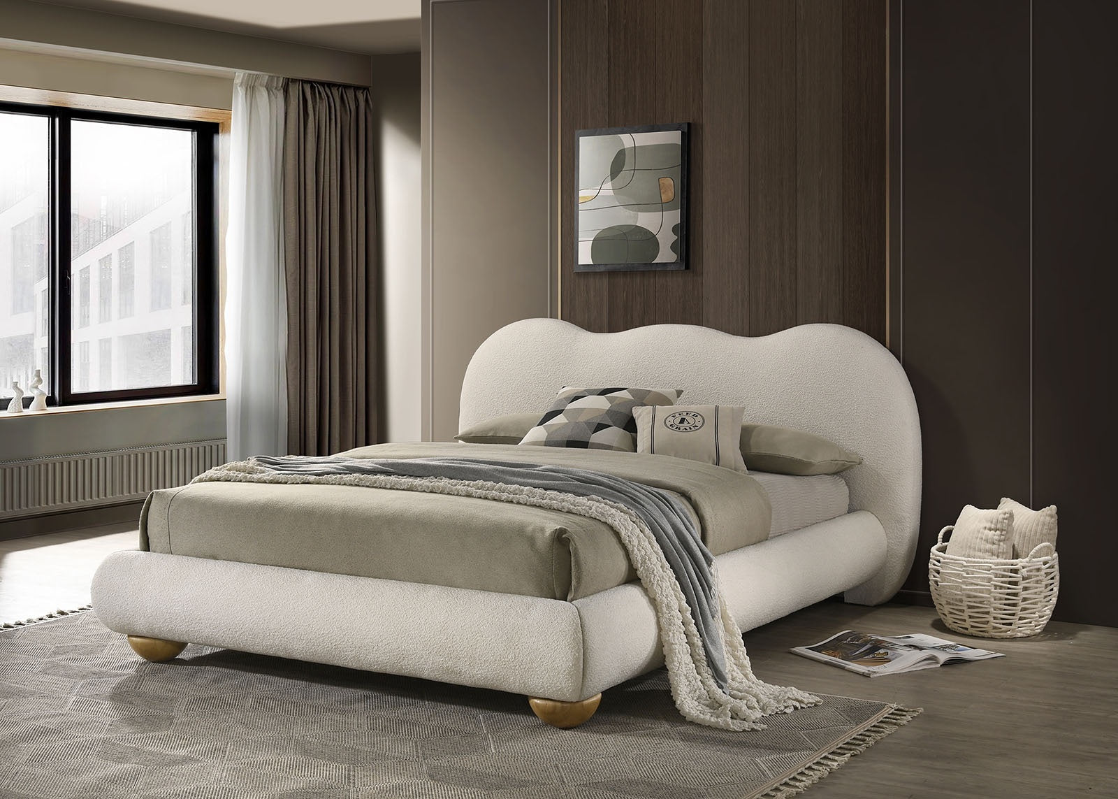 White And Natural Oak Color 1pc Queen Size Bed Boucle Upholstered Round Bun Wood Feet Bedroom Furniture