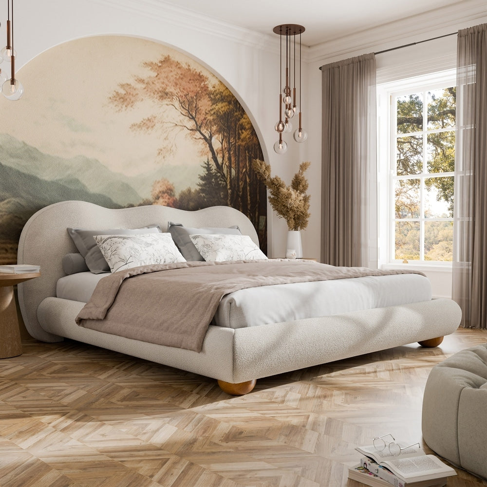 White And Natural Oak Color 1pc Queen Size Bed Boucle Upholstered Round Bun Wood Feet Bedroom Furniture