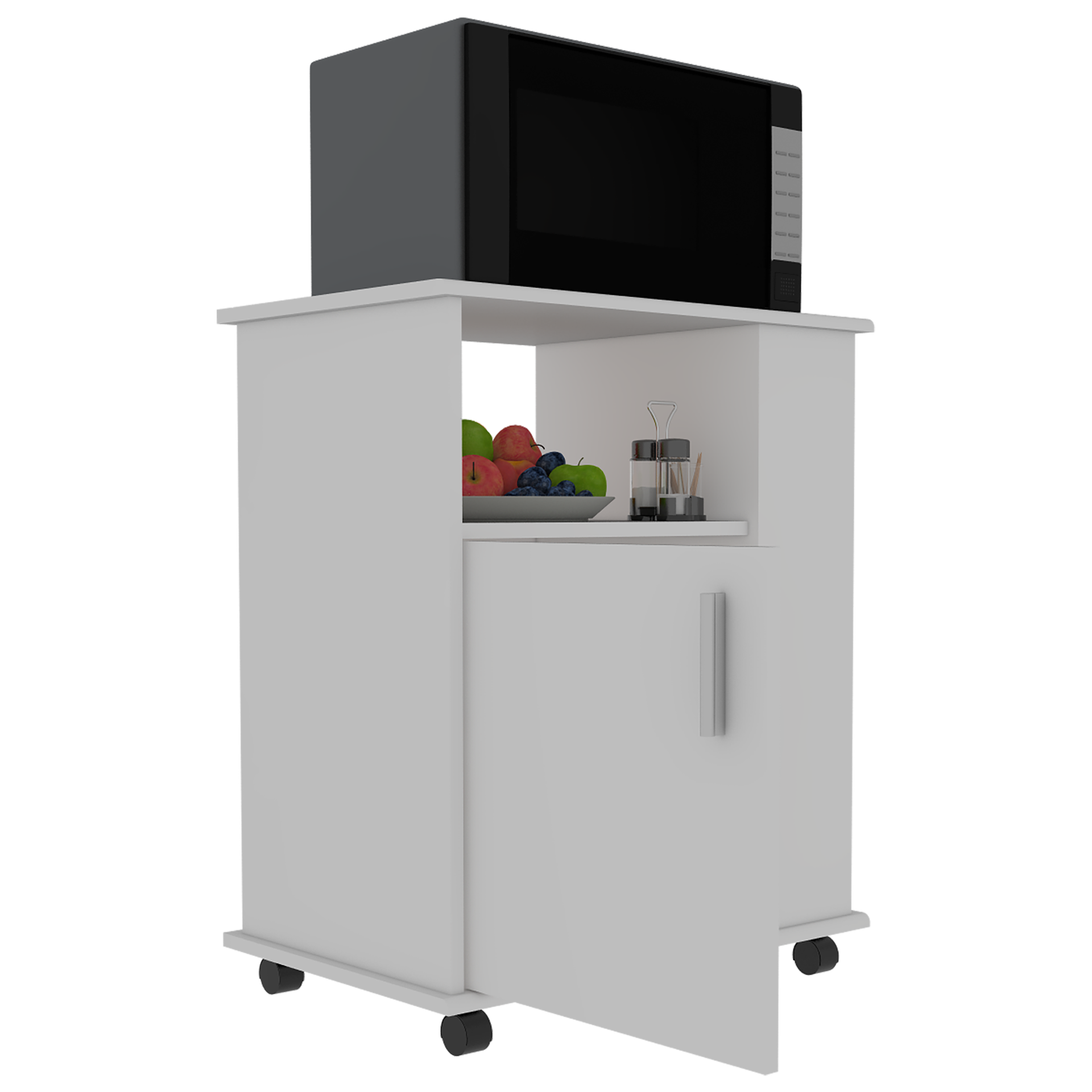 Lower Microwave Pantry 29" H, Single Door Cabinet, One Open Shelf, Three Side Shelves, White