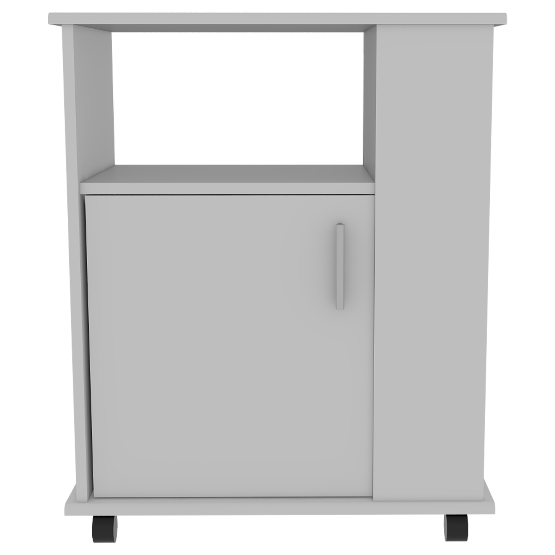 Lower Microwave Pantry 29" H, Single Door Cabinet, One Open Shelf, Three Side Shelves, White