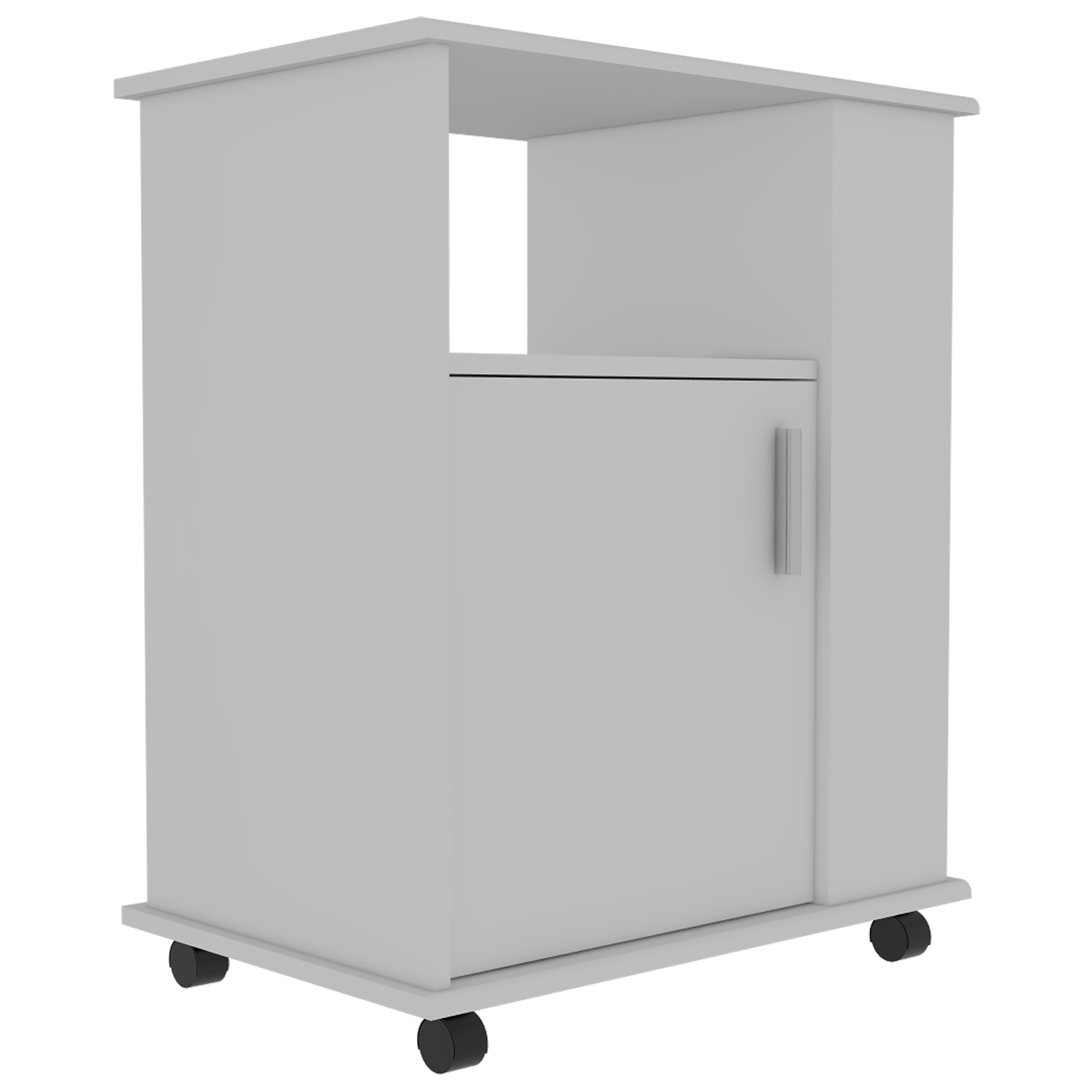 Lower Microwave Pantry 29" H, Single Door Cabinet, One Open Shelf, Three Side Shelves, White