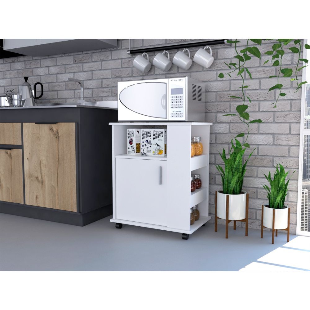 Lower Microwave Pantry 29" H, Single Door Cabinet, One Open Shelf, Three Side Shelves, White