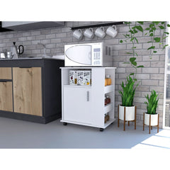 Lower Microwave Pantry 29" H, Single Door Cabinet, One Open Shelf, Three Side Shelves, White