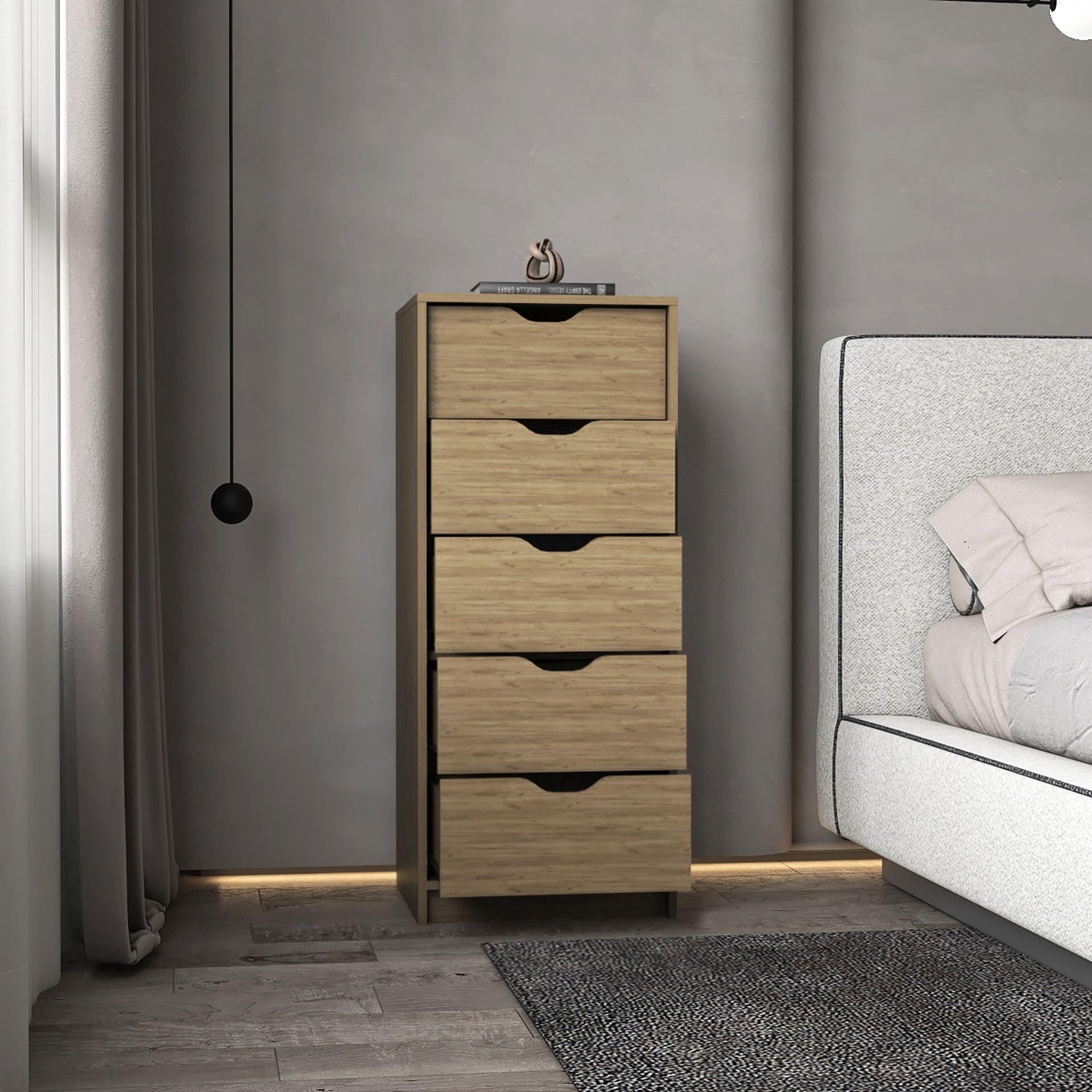 Dresser 42 inchH, 5 Drawers , Slim Storage Chest of Drawers, Natural Oak