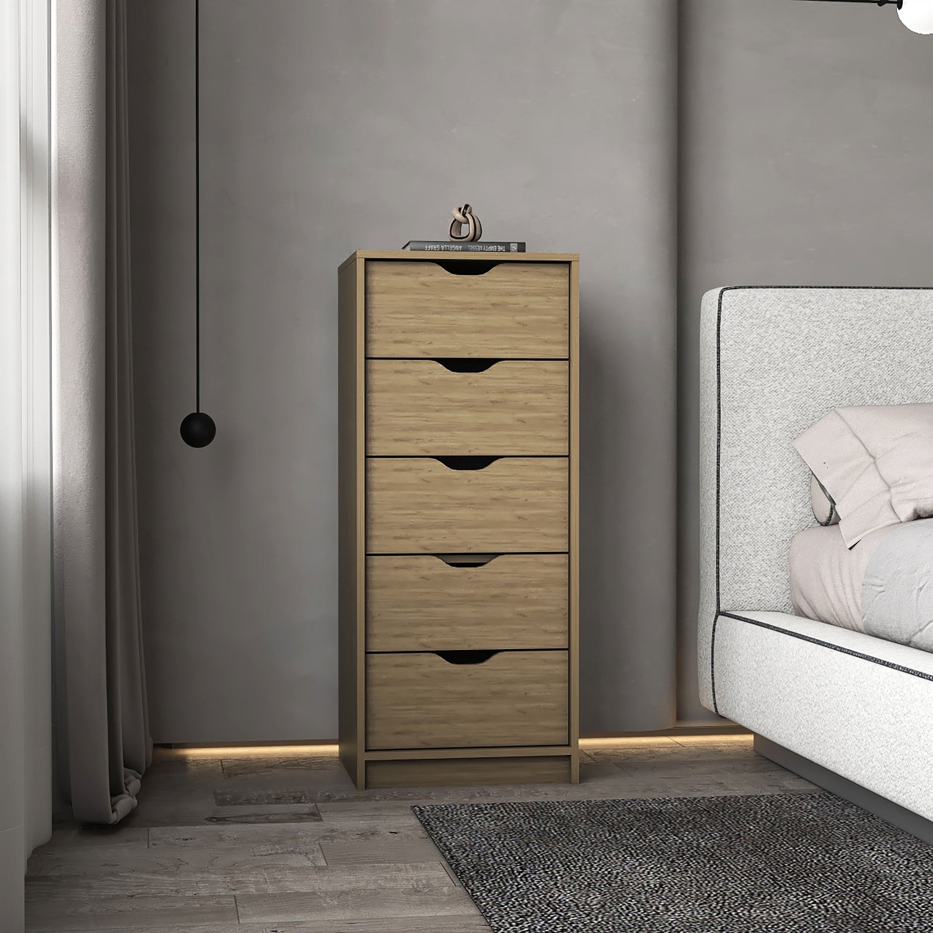 Dresser 42 inchH, 5 Drawers , Slim Storage Chest of Drawers, Natural Oak