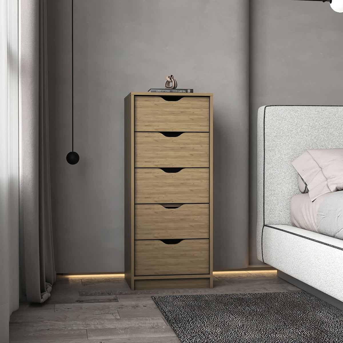 Dresser 42 inchH, 5 Drawers , Slim Storage Chest of Drawers, Natural Oak