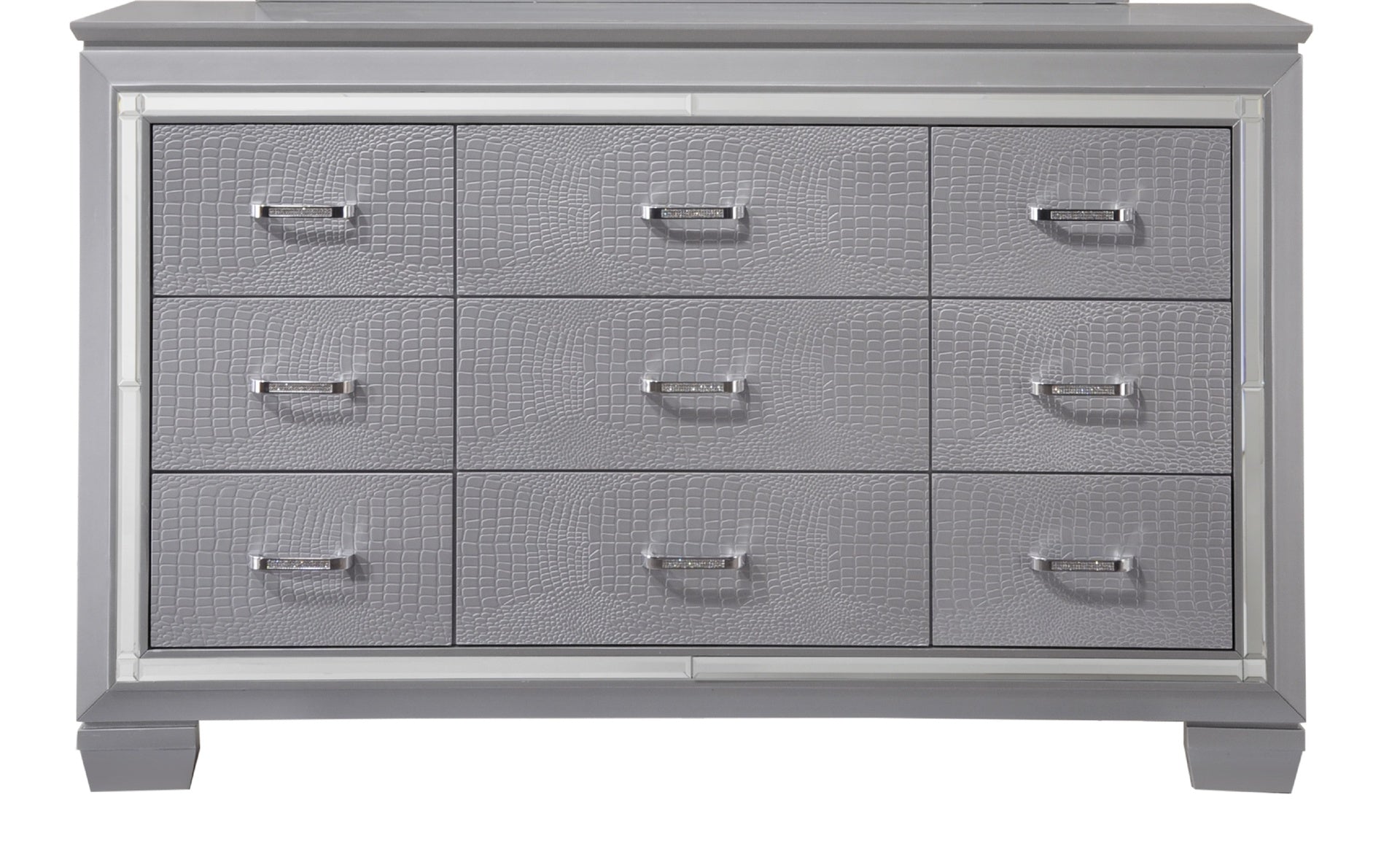 1pc Modern Nine Drawer Dresser Mirror Accents Chrome Finish Hardware Faux Crystal Accent Silver Finish
