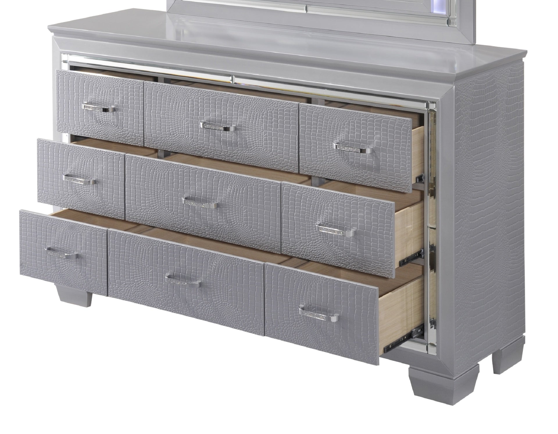 1pc Modern Nine Drawer Dresser Mirror Accents Chrome Finish Hardware Faux Crystal Accent Silver Finish