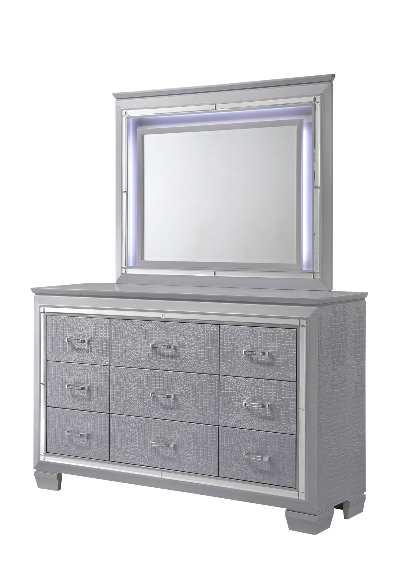 1pc Modern Nine Drawer Dresser Mirror Accents Chrome Finish Hardware Faux Crystal Accent Silver Finish