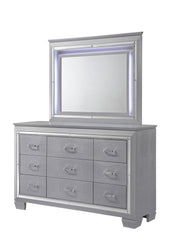 1pc Modern Nine Drawer Dresser Mirror Accents Chrome Finish Hardware Faux Crystal Accent Silver Finish