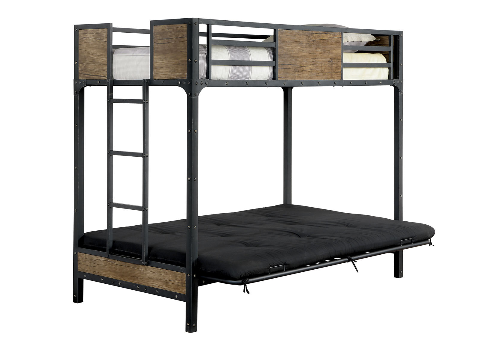 Industrial Style Unique Bunk Bed Twin Over Futon Metal Structure Attached Ladder With Wood Panels Nailhead Trim Black Finish Mattress-Not Included