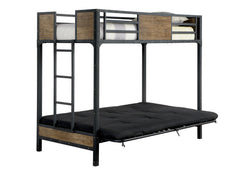 Industrial Style Unique Bunk Bed Twin Over Futon Metal Structure Attached Ladder With Wood Panels Nailhead Trim Black Finish Mattress-Not Included