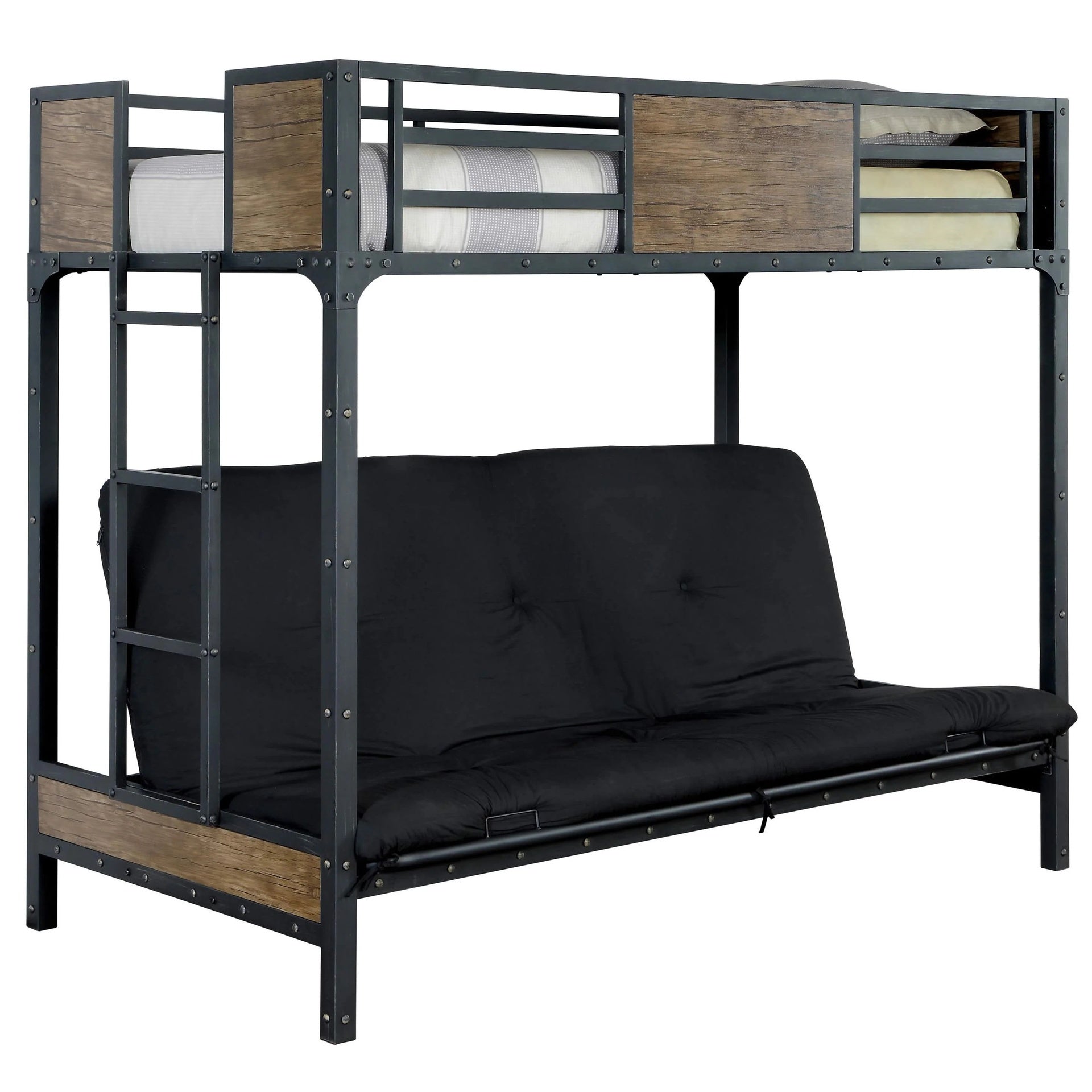 Industrial Style Unique Bunk Bed Twin Over Futon Metal Structure Attached Ladder With Wood Panels Nailhead Trim Black Finish Mattress-Not Included