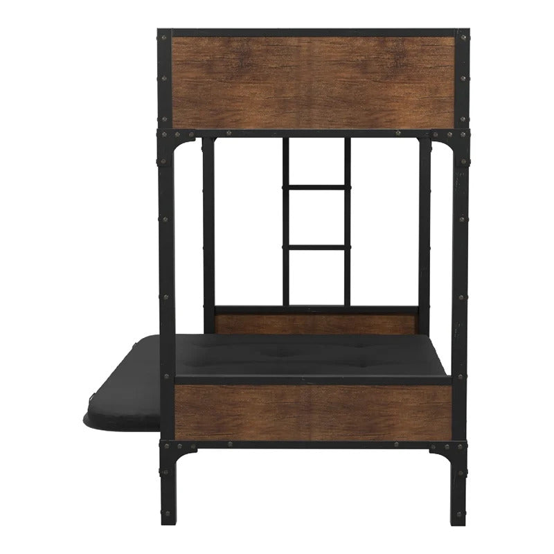 Industrial Style Unique Bunk Bed Twin Over Futon Metal Structure Attached Ladder With Wood Panels Nailhead Trim Black Finish Mattress-Not Included