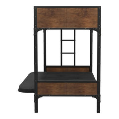 Industrial Style Unique Bunk Bed Twin Over Futon Metal Structure Attached Ladder With Wood Panels Nailhead Trim Black Finish Mattress-Not Included
