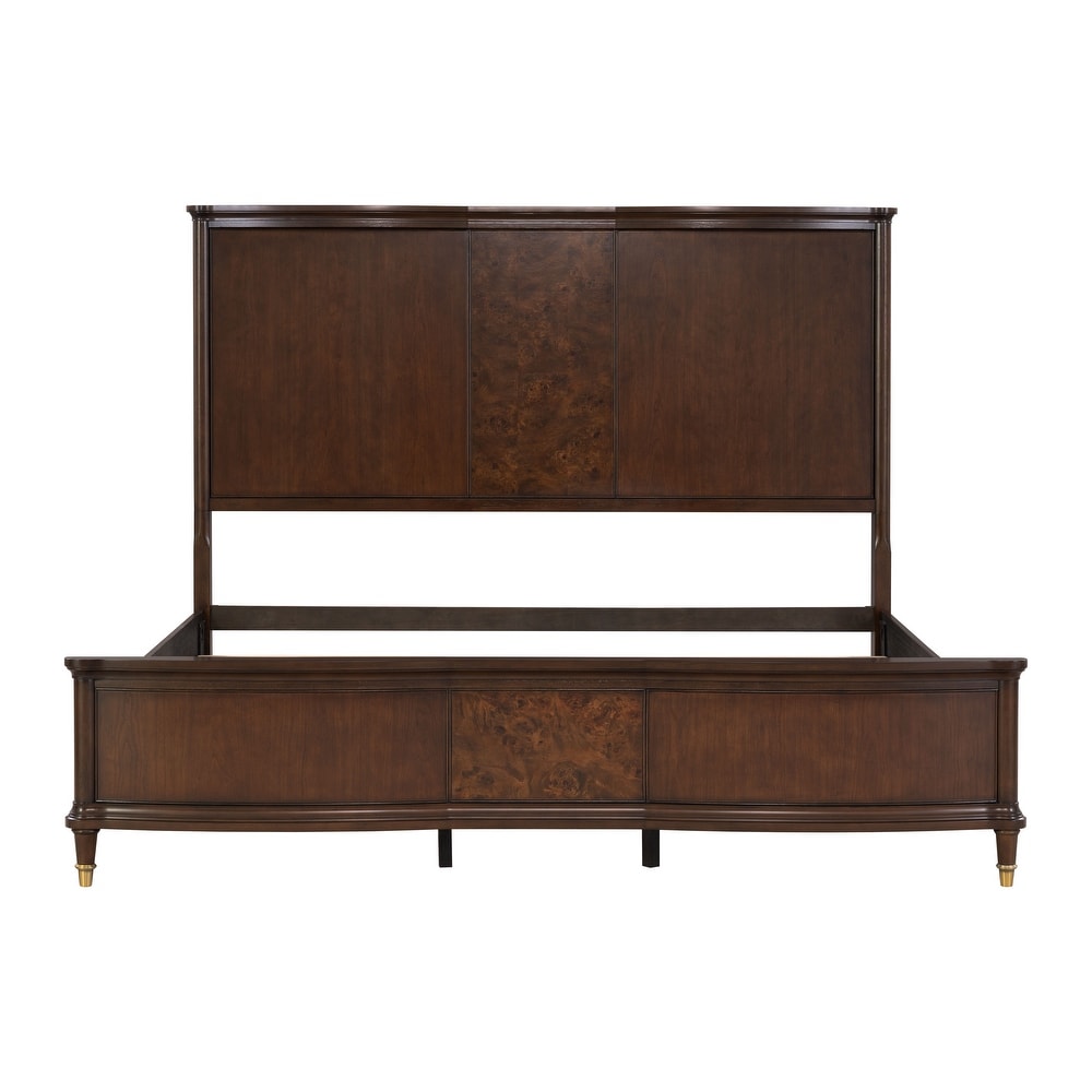 Transitional Style 1pc Eastern King Size Bed Dark Cherry Finish Panel Bedframe Gold-Capped Legs Bedroom Furniture Poplar Burl Veneer