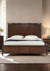 Transitional Style 1pc Eastern King Size Bed Dark Cherry Finish Panel Bedframe Gold-Capped Legs Bedroom Furniture Poplar Burl Veneer