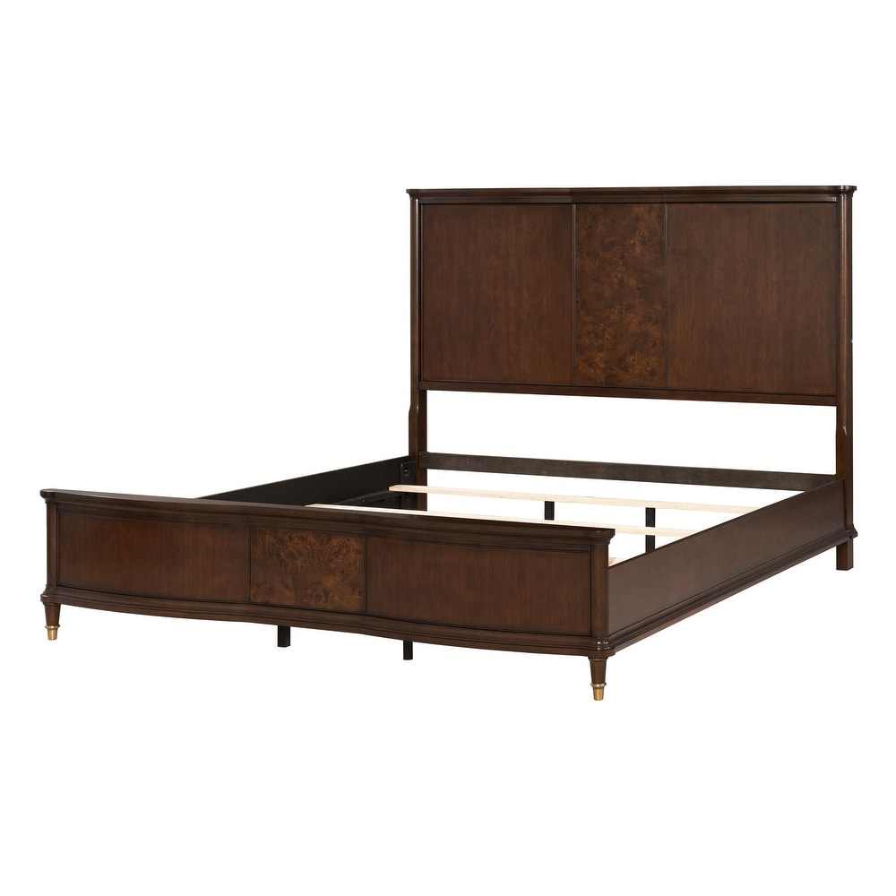 Transitional Style 1pc Queen Size Bed Dark Cherry Finish Panel Bedframe Gold-Capped Legs Bedroom Furniture Poplar Burl Veneer