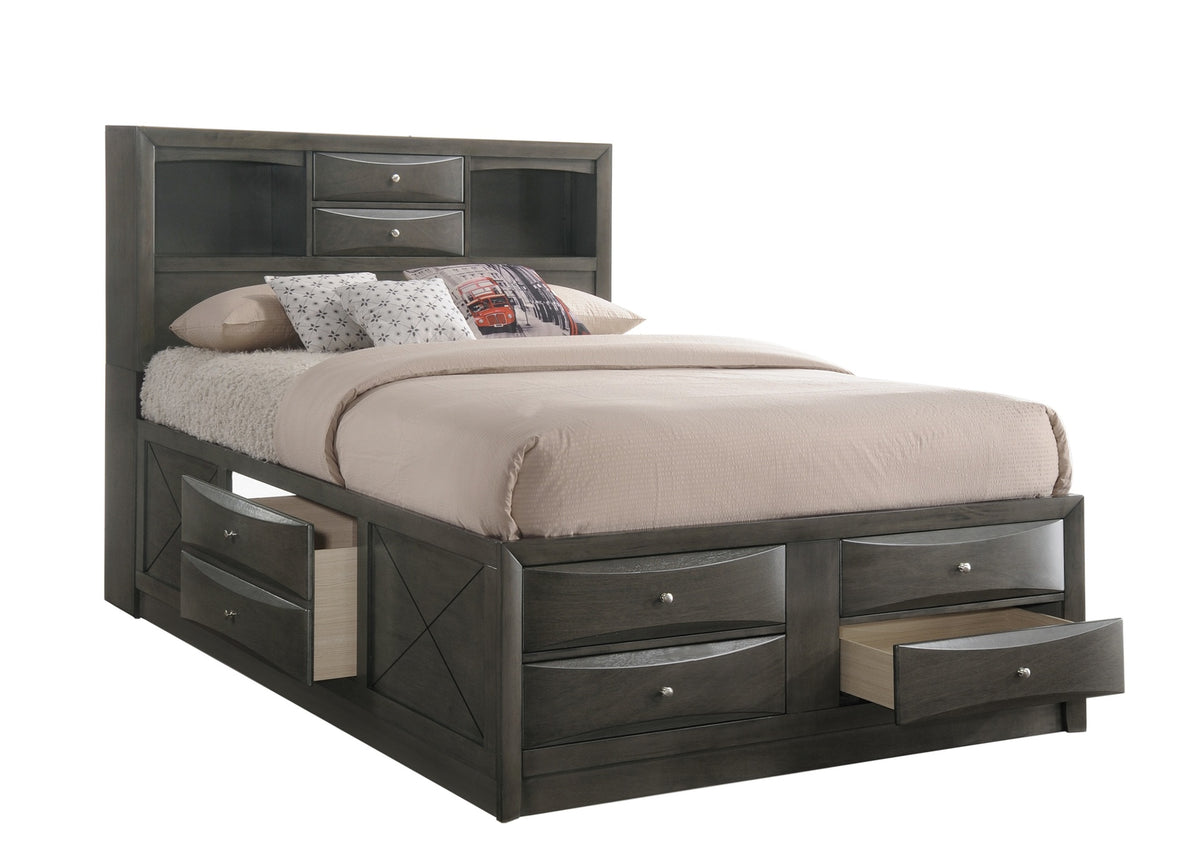 Gray Queen Storage Platform Captain's Bed with Bookcase Headboard Drawers Solid Wood Furniture
