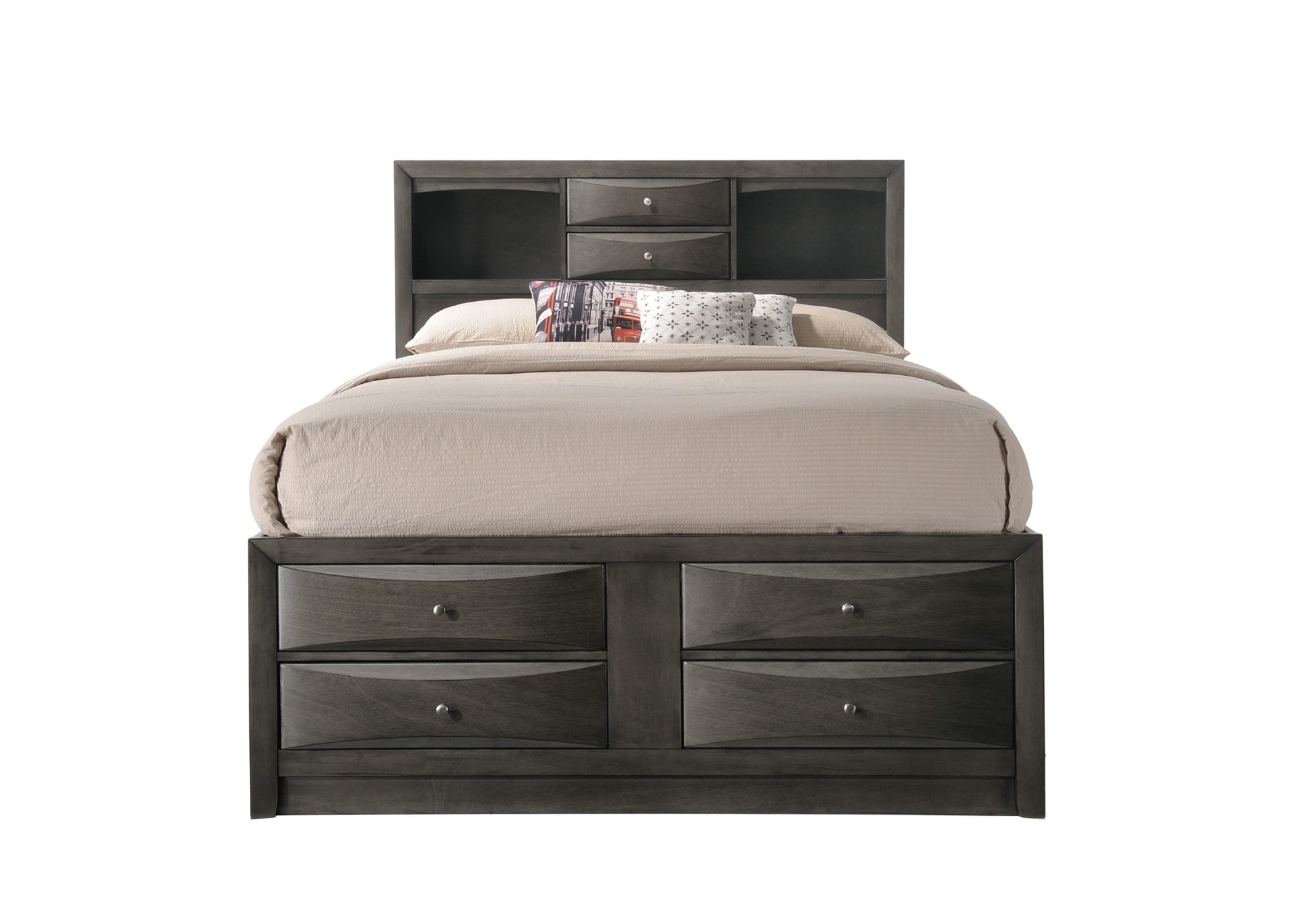 Gray Queen Storage Platform Captain's Bed with Bookcase Headboard Drawers Solid Wood Furniture