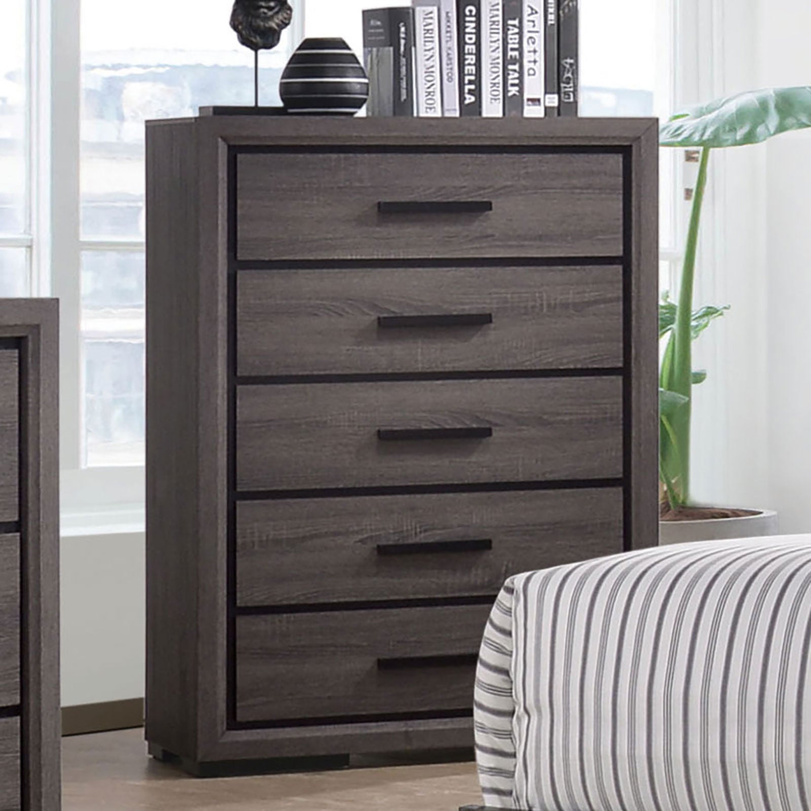 Contemporary Style 1pc Chest Two Tone design Finger Pull Hands Black Trim Gray Finish