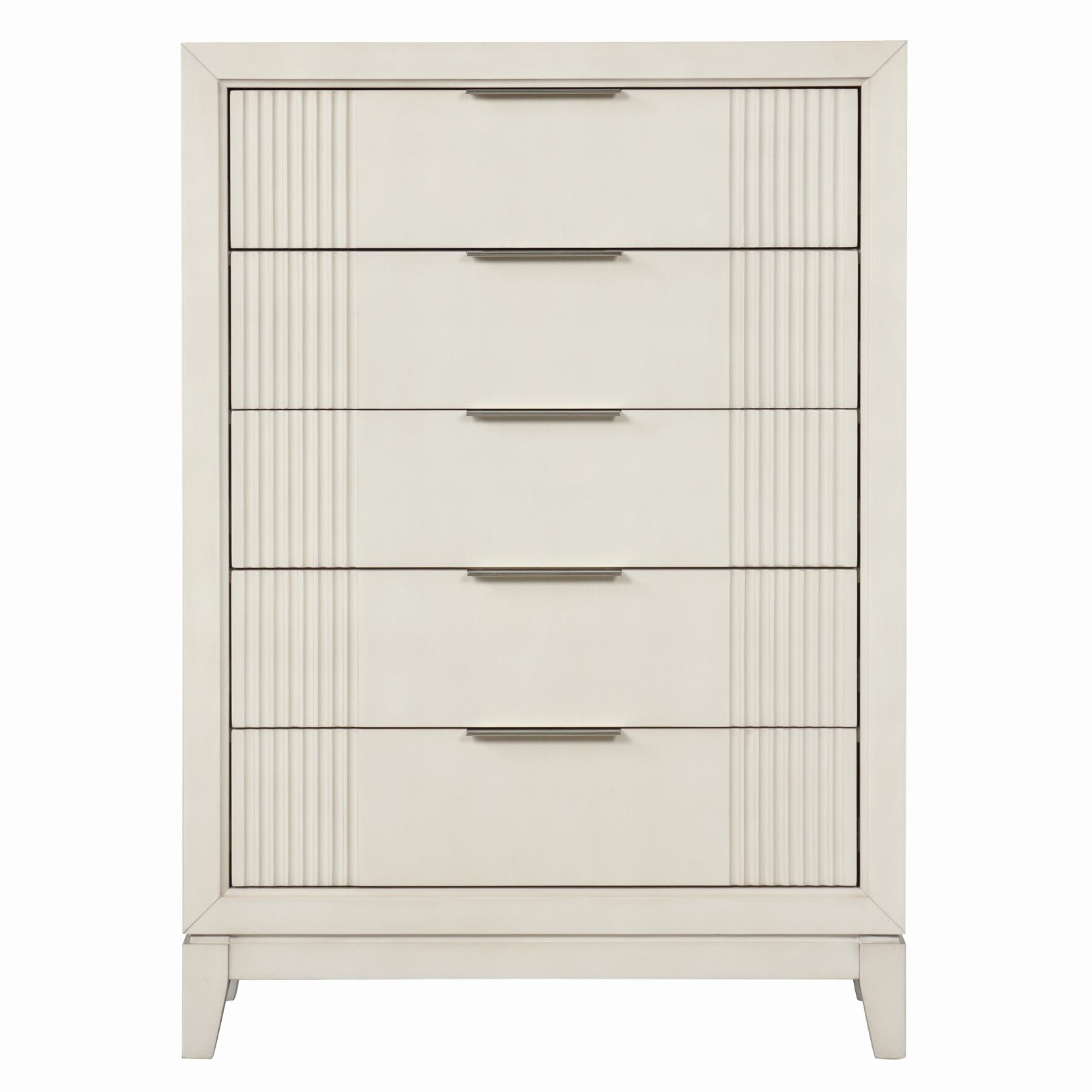1pc Chest Metal Side Glides Chrome Finger Pulls 5-English Dovetail Drawers Accent Fluted Design Antique White Finish Transitional Style Bedroom
