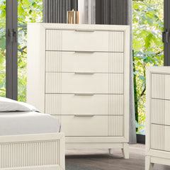 1pc Chest Metal Side Glides Chrome Finger Pulls 5-English Dovetail Drawers Accent Fluted Design Antique White Finish Transitional Style Bedroom