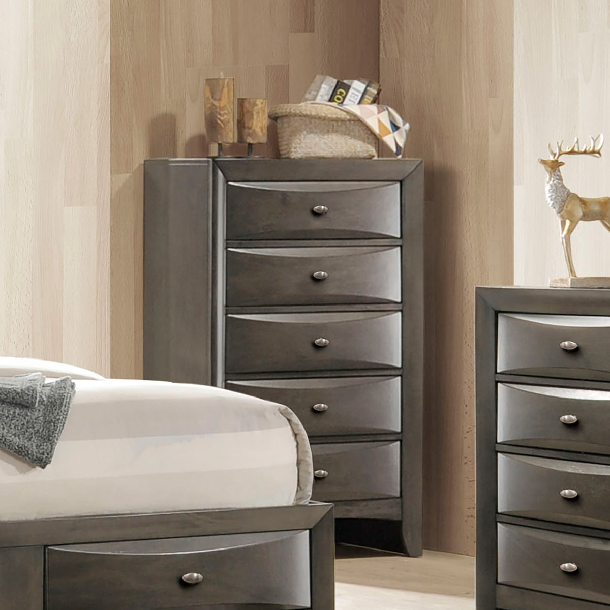 Transitional Style Chest 1pc Oval Knob Handles 5-Drawers Gray Finish Bedroom Furniture