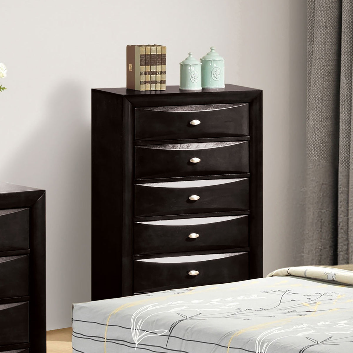 Black Finish 5-Drawers Chest 1pc Oval Knob Handles Transitional Bedroom Furniture