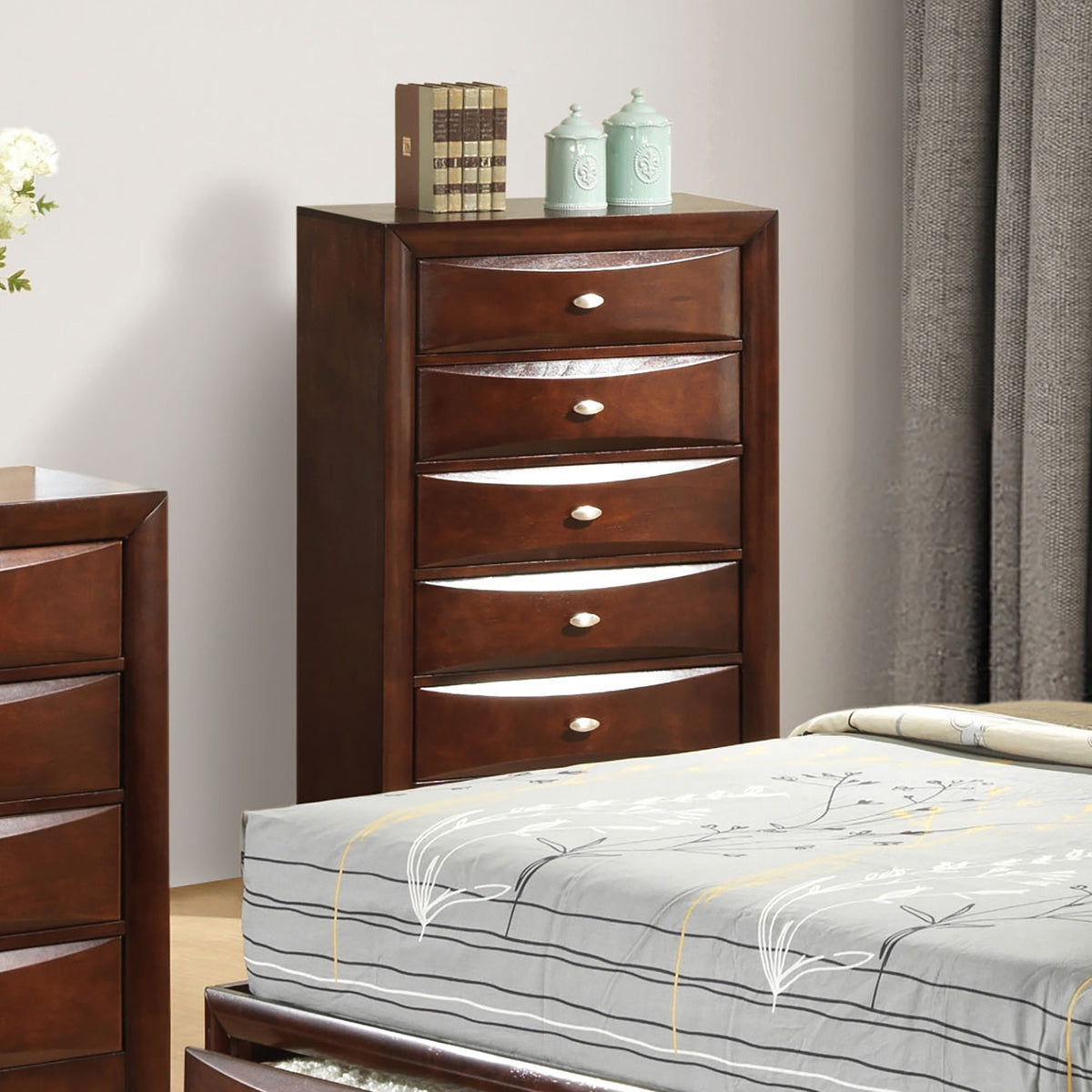 Dark Cherry Finish 5-Drawers Chest 1pc Oval Knob Handles Transitional Bedroom Furniture