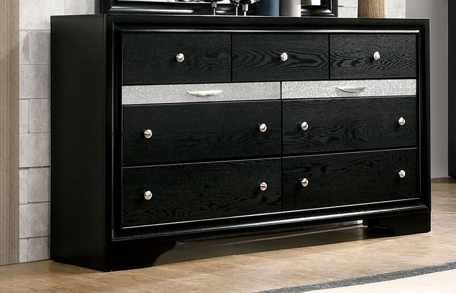 Contemporary 1pc Dresser Hidden Jewelry Drawer English Dovetail Silver Accents Round Knobs Black Color Bedroom Furniture