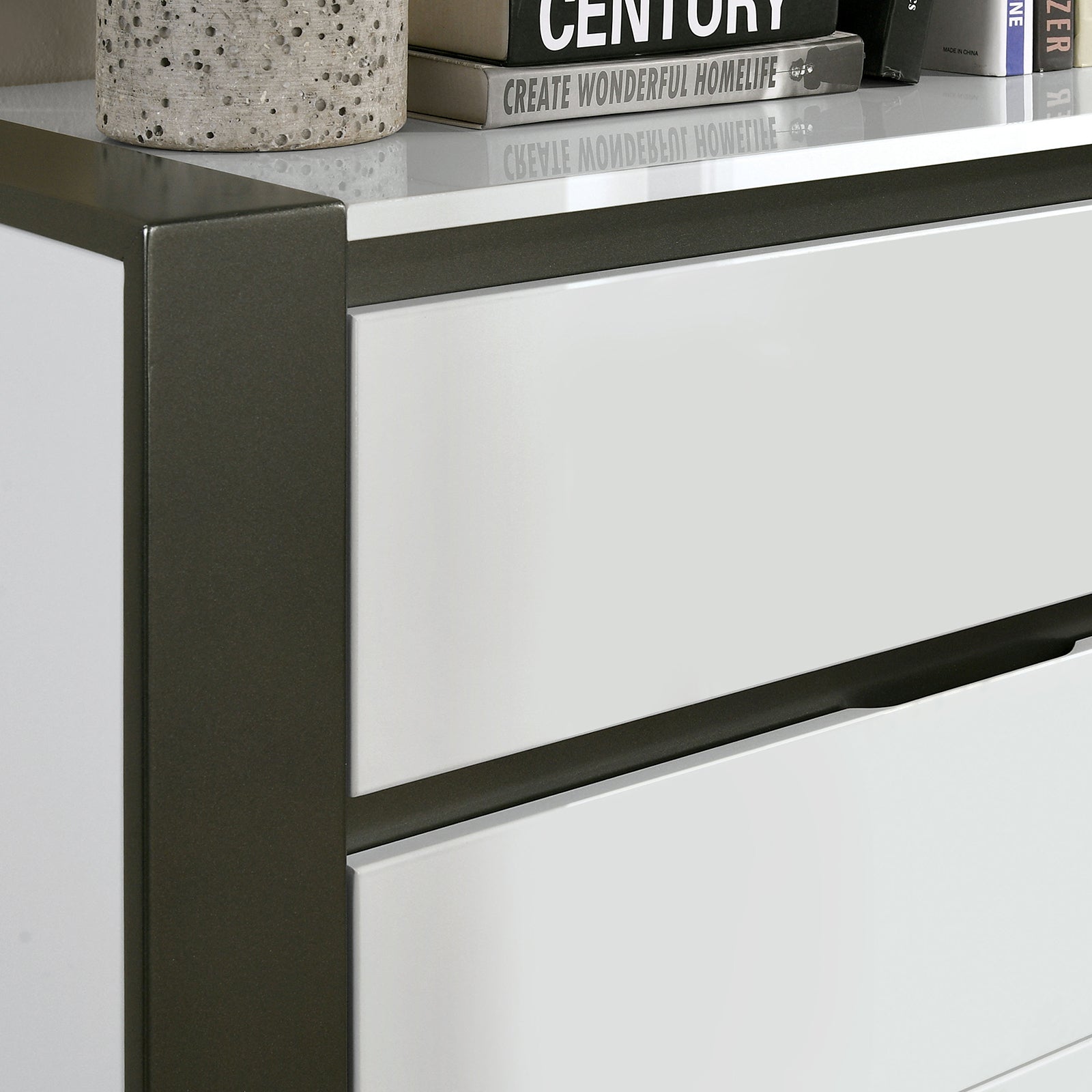 Contemporary Style 1pc Chest Concealed Drawer Pulls High Gloss Finish Ball Bearing Glides Metallic Accents White And Metallic Gray Finish
