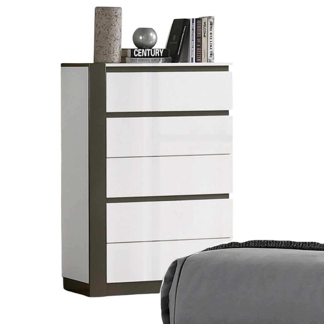 Contemporary Style 1pc Chest Concealed Drawer Pulls High Gloss Finish Ball Bearing Glides Metallic Accents White And Metallic Gray Finish