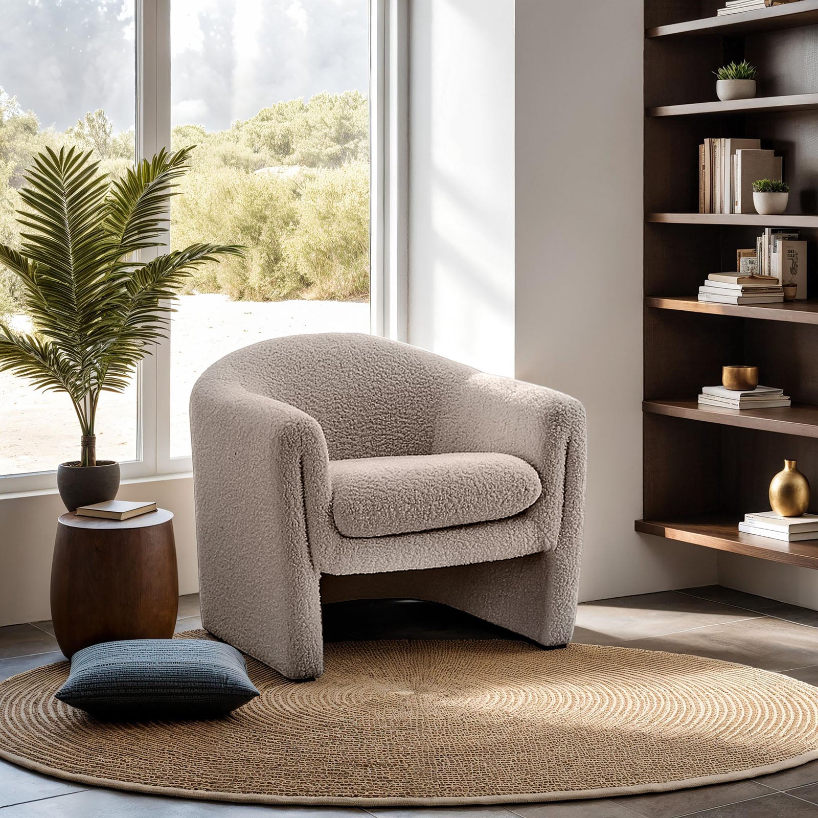 Contemporary Style Accent Chair Compact Size U-Shaped Design Boucle Fabric Mushroom Finish Primary Living Room