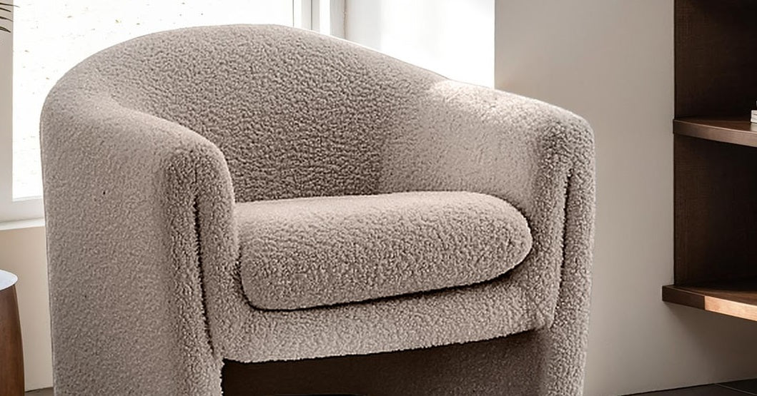 Contemporary Style Accent Chair Compact Size U-Shaped Design Boucle Fabric Mushroom Finish Primary Living Room