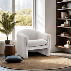 White Finish Contemporary Accent Chair Compact Size U-Shaped Design Boucle Fabric Primary Living Room