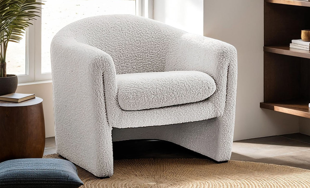 White Finish Contemporary Accent Chair Compact Size U-Shaped Design Boucle Fabric Primary Living Room