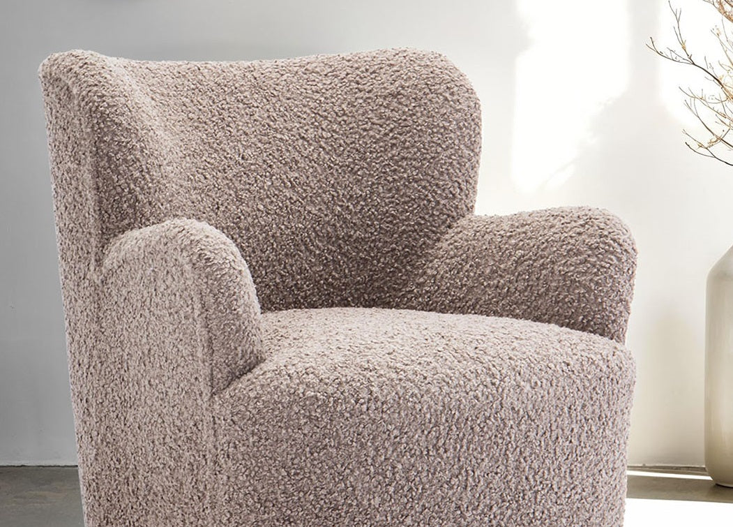 Contemporary Style Accent Chair Curved Backrest Ball Feet Sloped Arms Mushroom Finish Primary Living Room