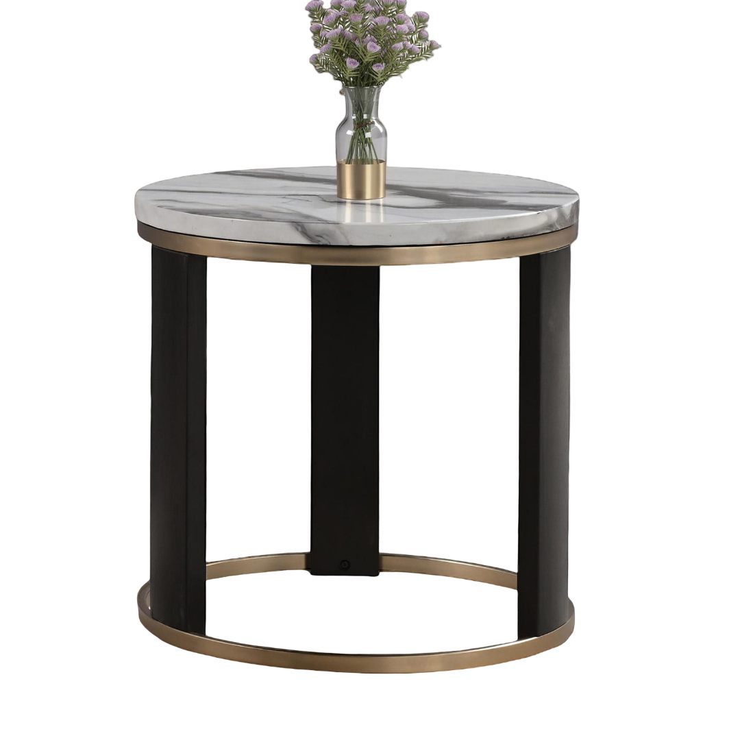 Contemporary Style Round End Table Marble Top Gold Rings Wooden Legs Gold White And Black Finish