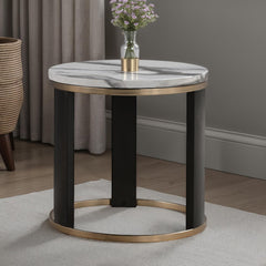 Contemporary Style Round End Table Marble Top Gold Rings Wooden Legs Gold White And Black Finish