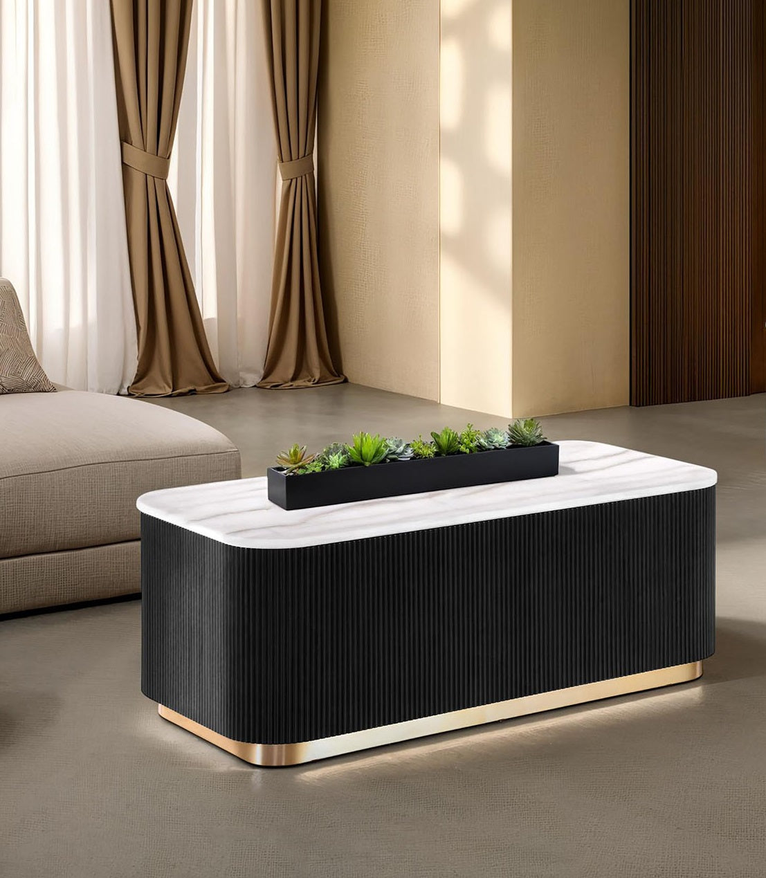 Contemporary Style 1pc Rectangle Cocktail Table Marble Top Gold Accent Plinth Base Black White And Gold Finish Primary Living Room